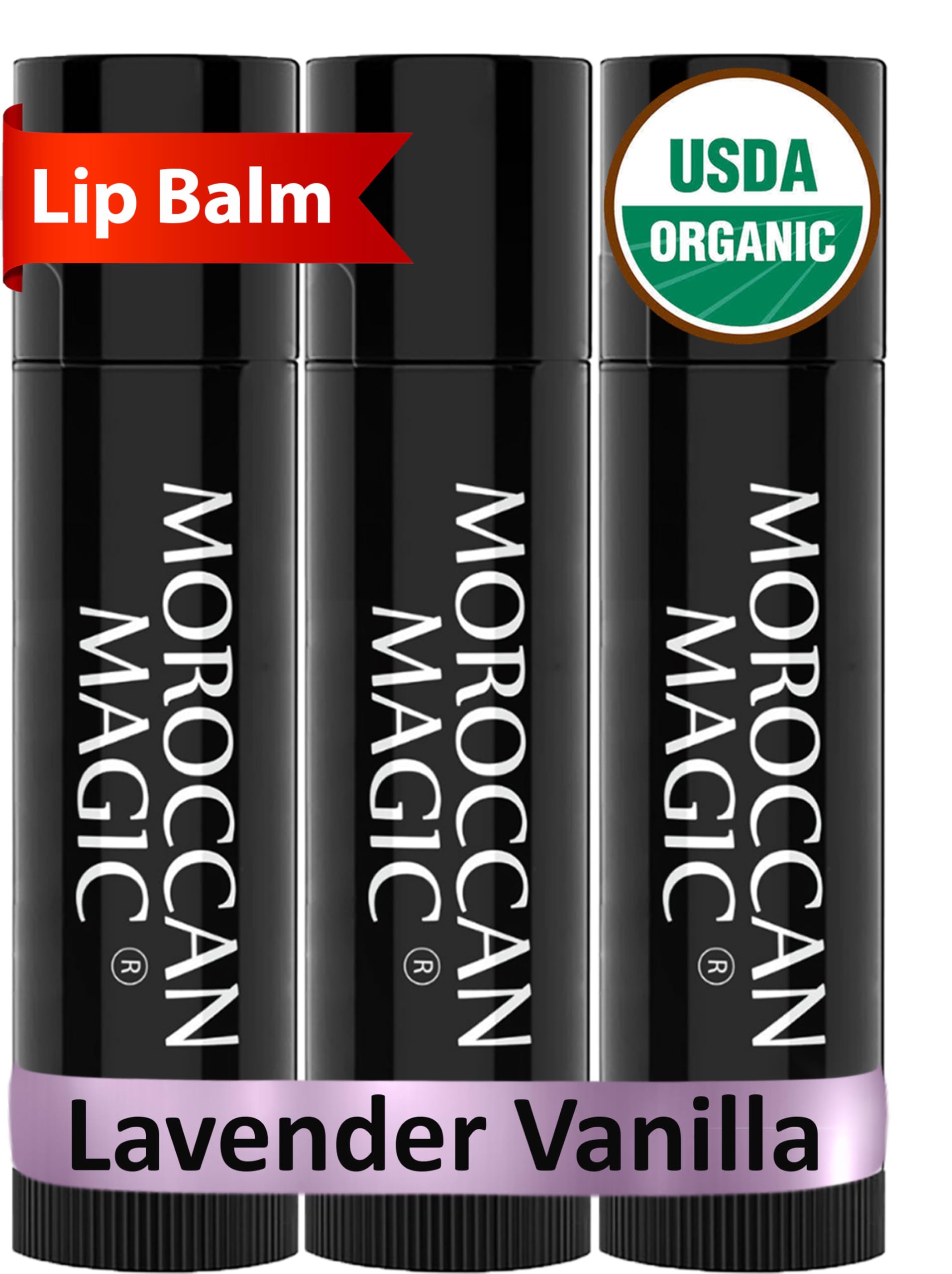Moroccan Magic Lavender Vanilla Lip Balm pack showing triple-stick moisture stability.