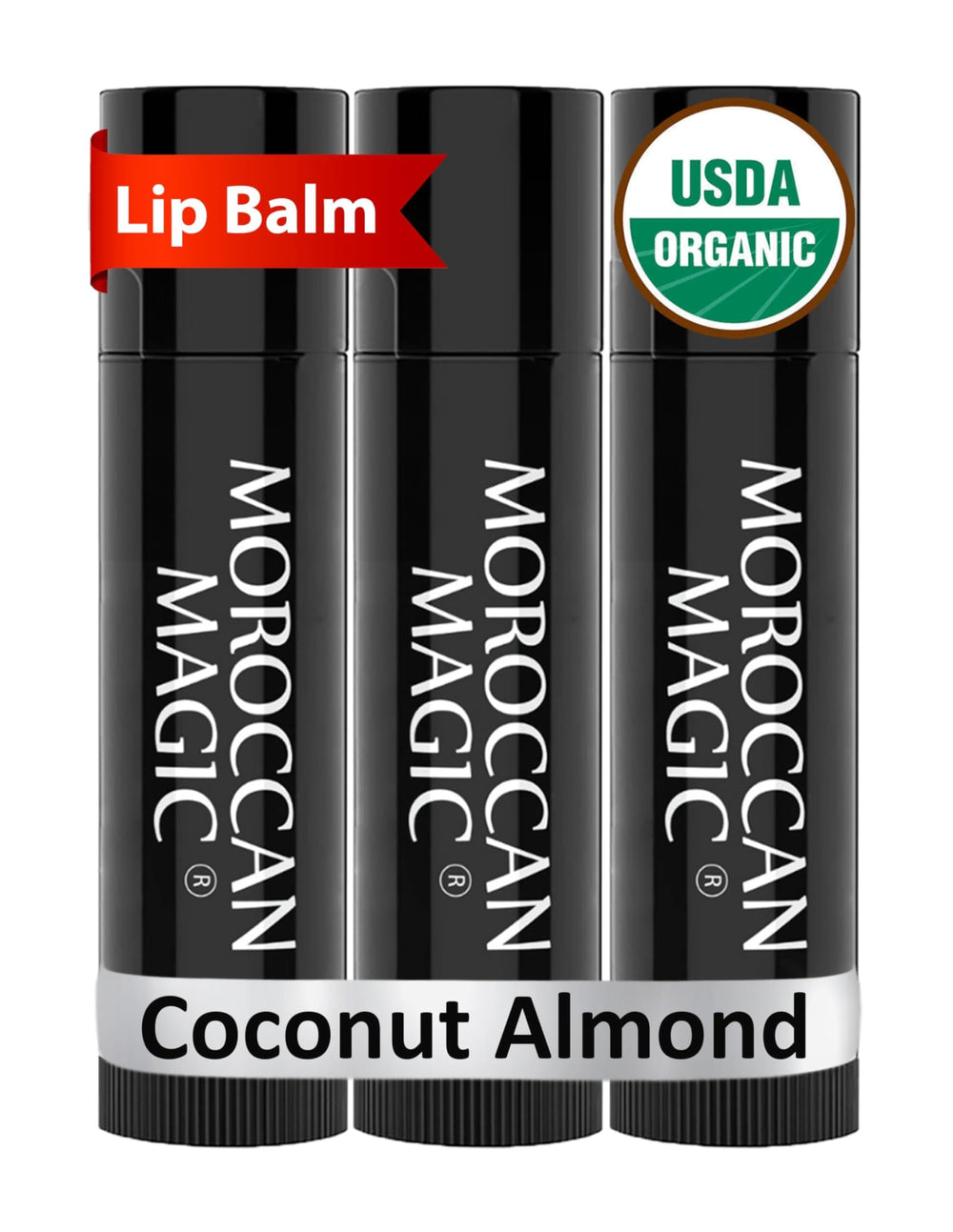 Moroccan Magic packaging for Coconut Almond Lip Balm on shelf, ready for moisture.