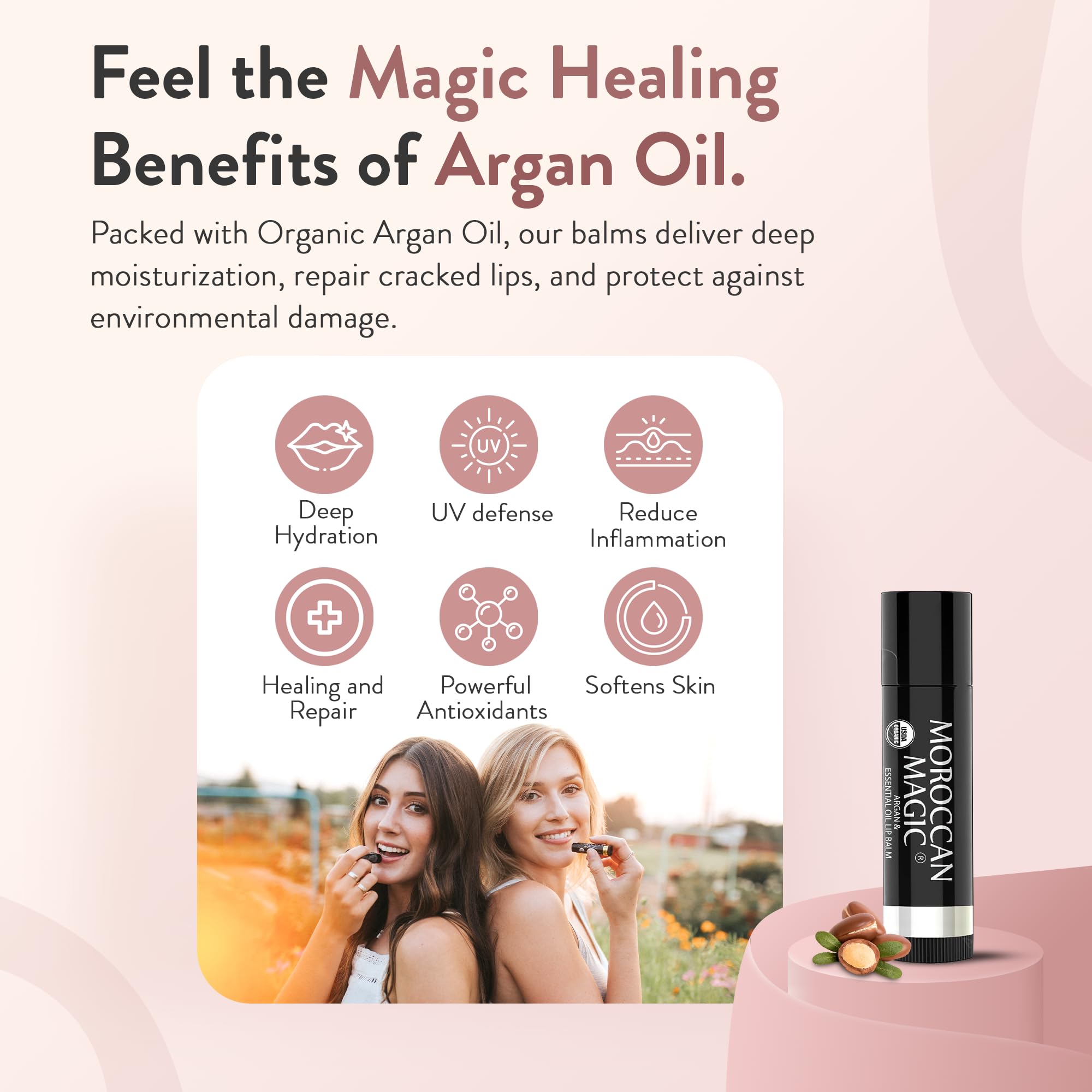Moroccan Magic lip balm 3-pack label close-up highlighting clean ingredients.