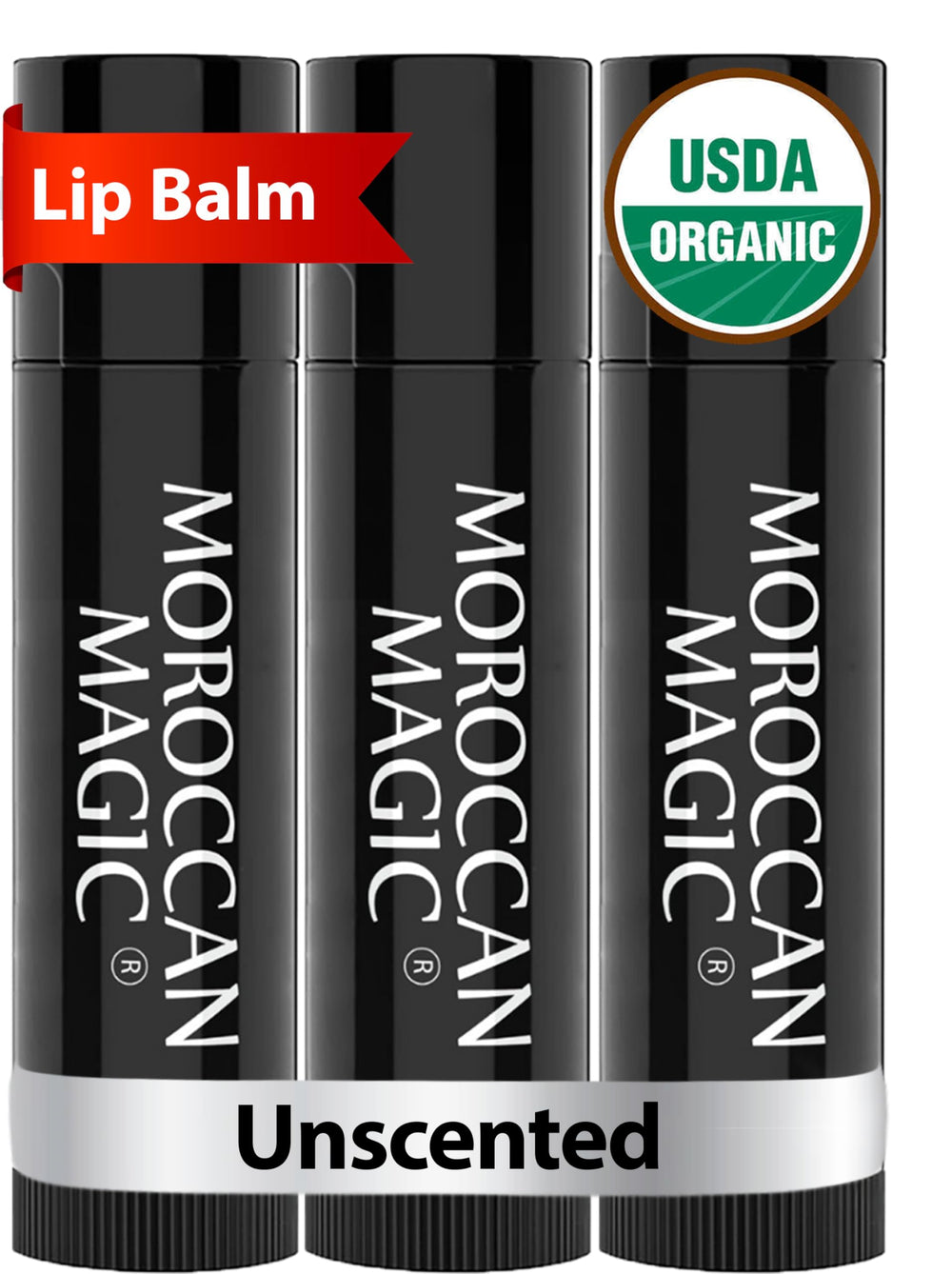 Moroccan Magic Organic Unscented Lip Balm 3-pack — hydrating and natural lip care.
