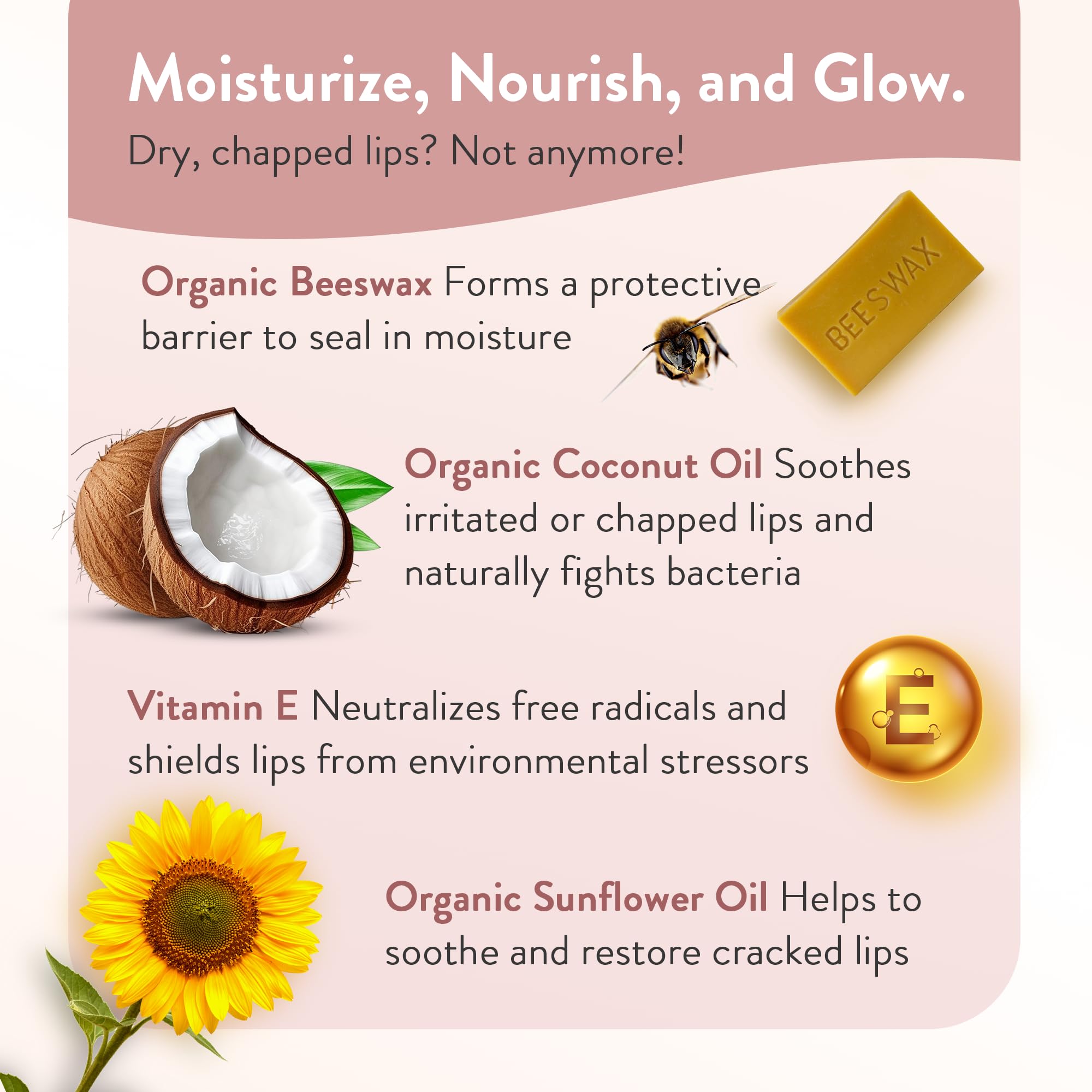 Moroccan Magic Rosemary Extract Vitamin E lip care closeup with nourishing botanicals.