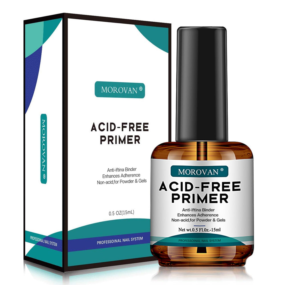 Morovan acid free nail primer bottle close-up ready for gel or acrylic use.
