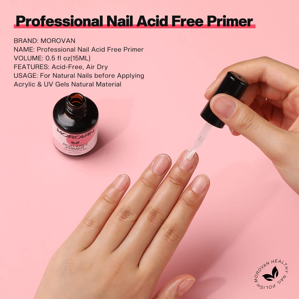 Morovan acid free nail primer packaging with clear usage directions.