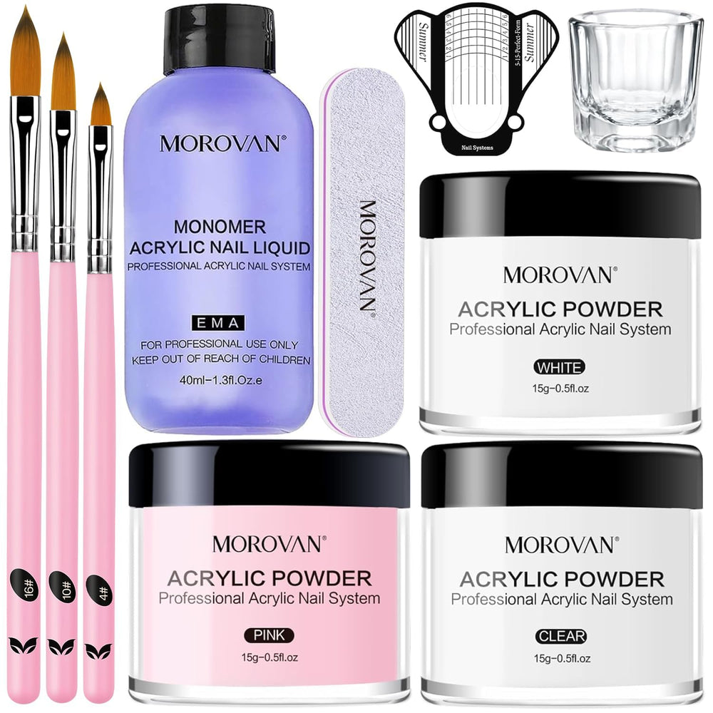 Morovan acrylic nail kit powders in pink, white, and clear for DIY nails
