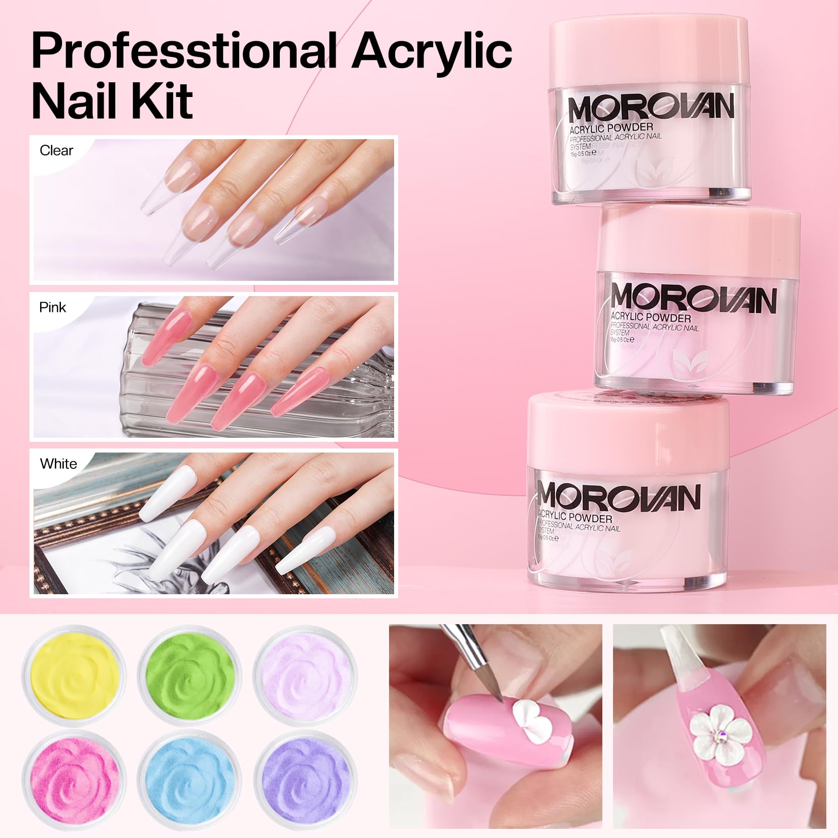 Morovan acrylic powder color palette showing diverse hues for custom shades.