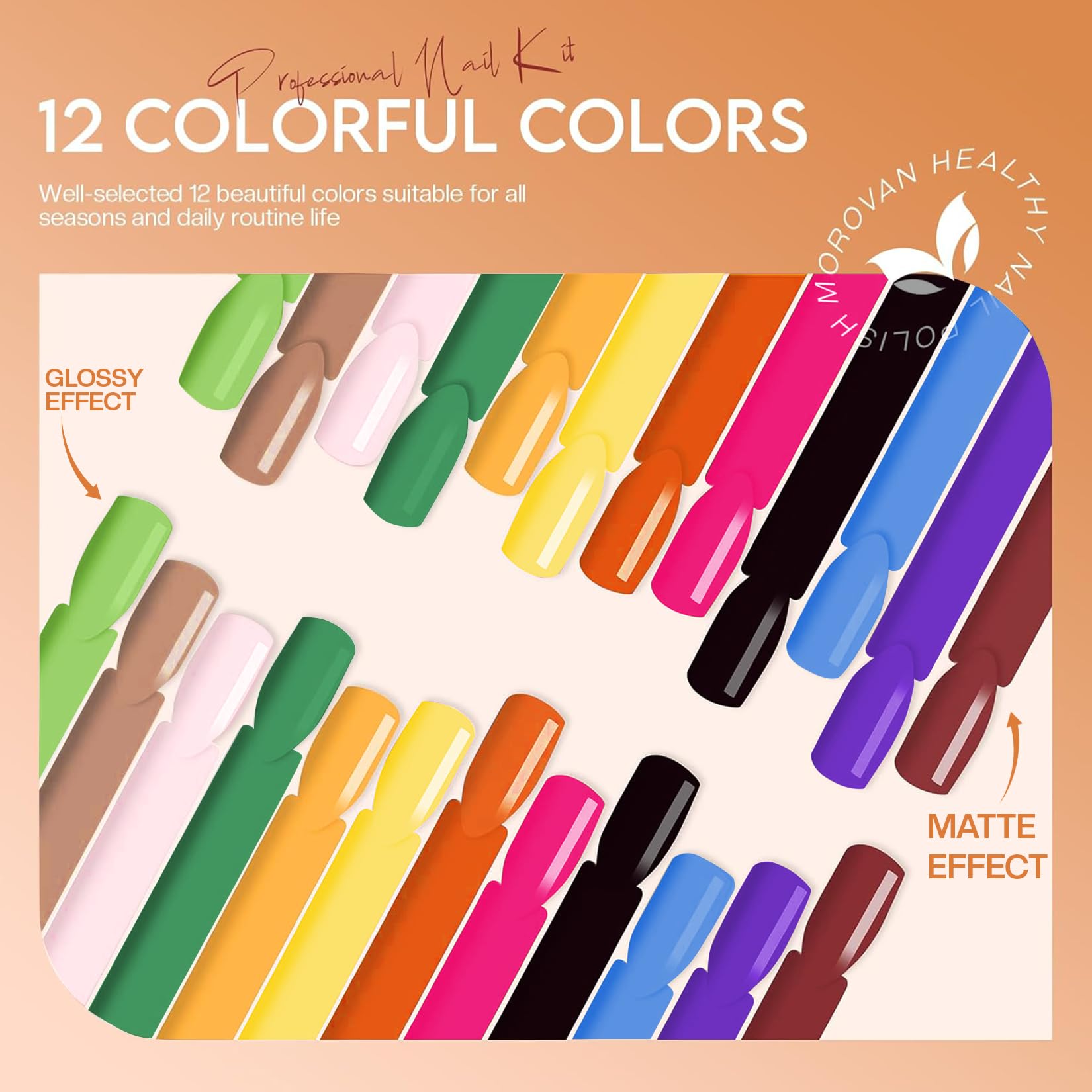 Morovan twelve-color powder for versatile nail art and extensions.
