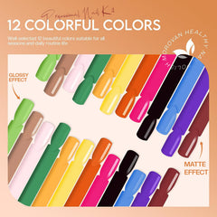 Morovan twelve-color powder for versatile nail art and extensions.