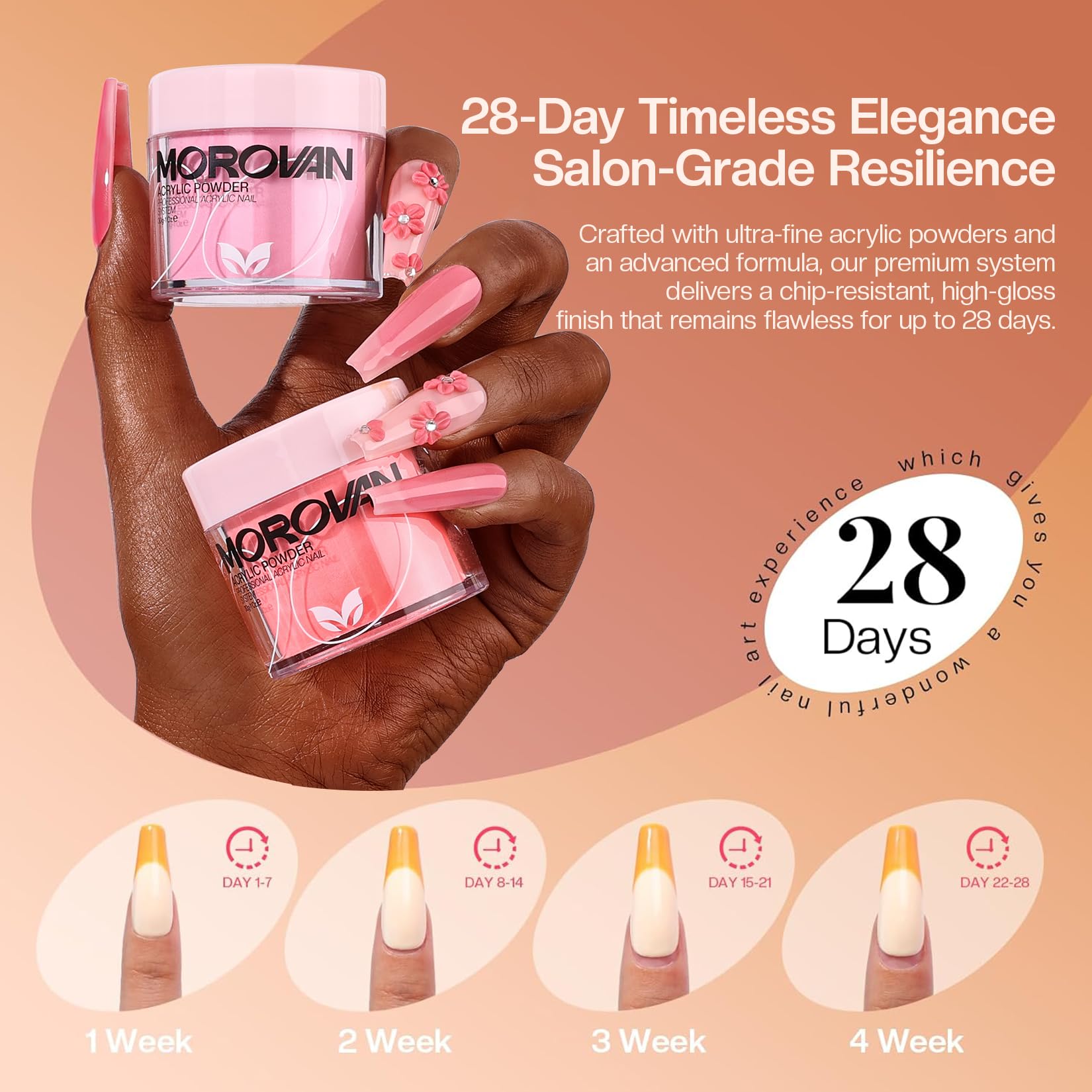Morovan easy-to-use powder with self-leveling surface for smooth nails.