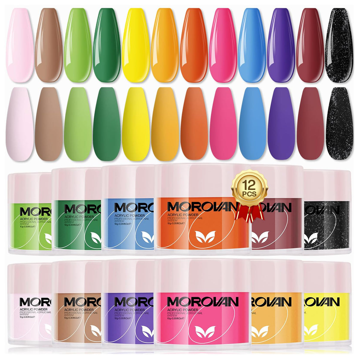 Morovan acrylic powder set palette of 12 colors for vibrant nail art.