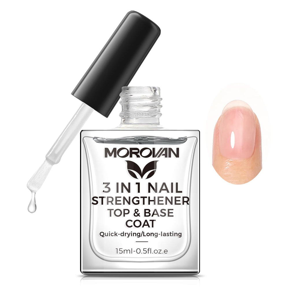 Morovan base coat nail-strengthener bottle shown for stronger nails.