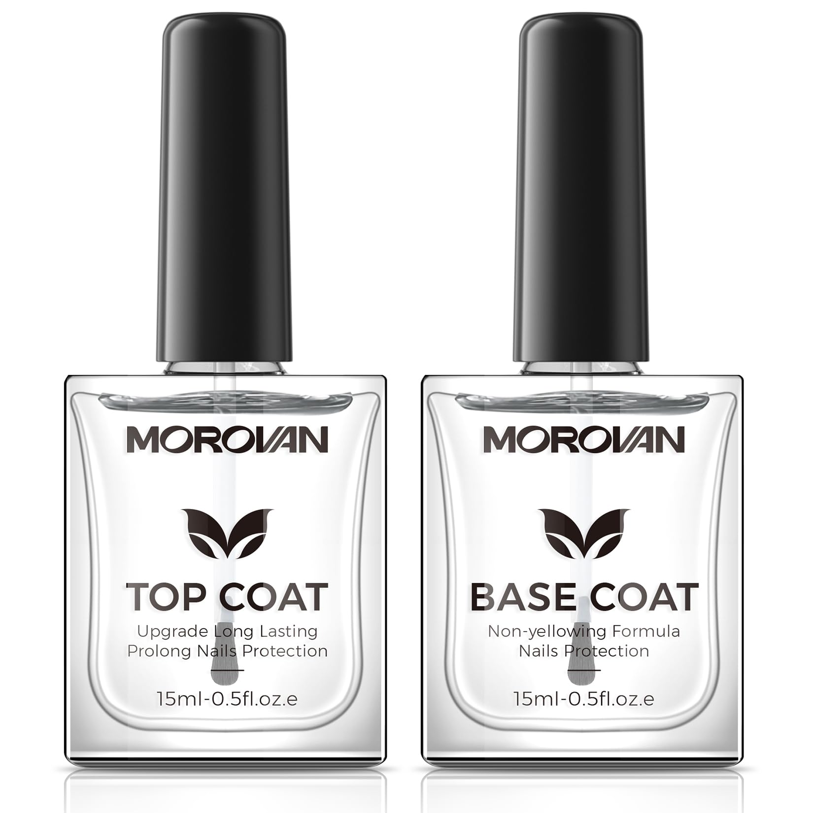 Morovan base top coat clear bottle showing long-lasting glossy finish for nails