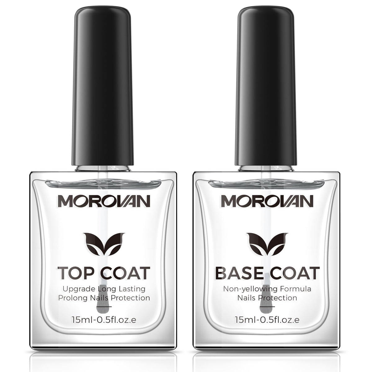 Morovan base top coat clear bottle showing long-lasting glossy finish for nails