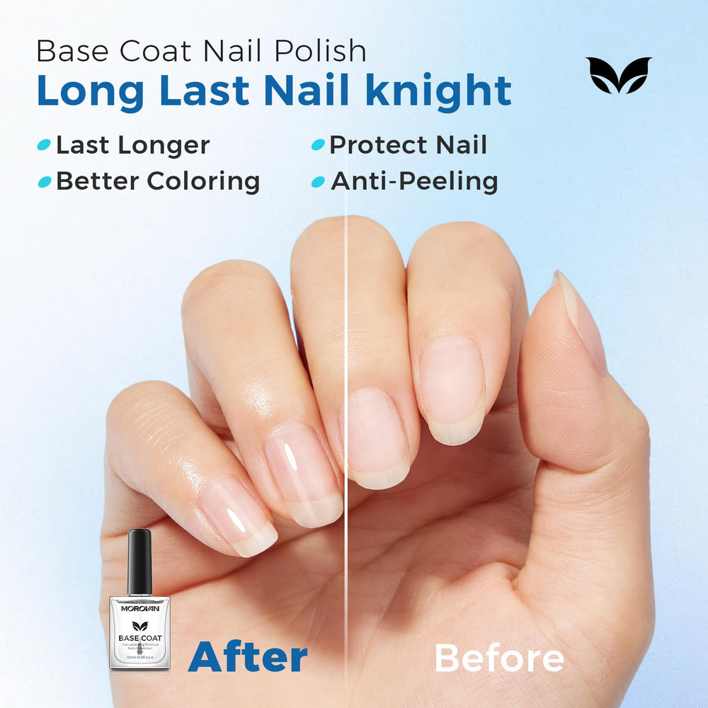 Morovan base top coat helps prevent yellowing and scratches on nails