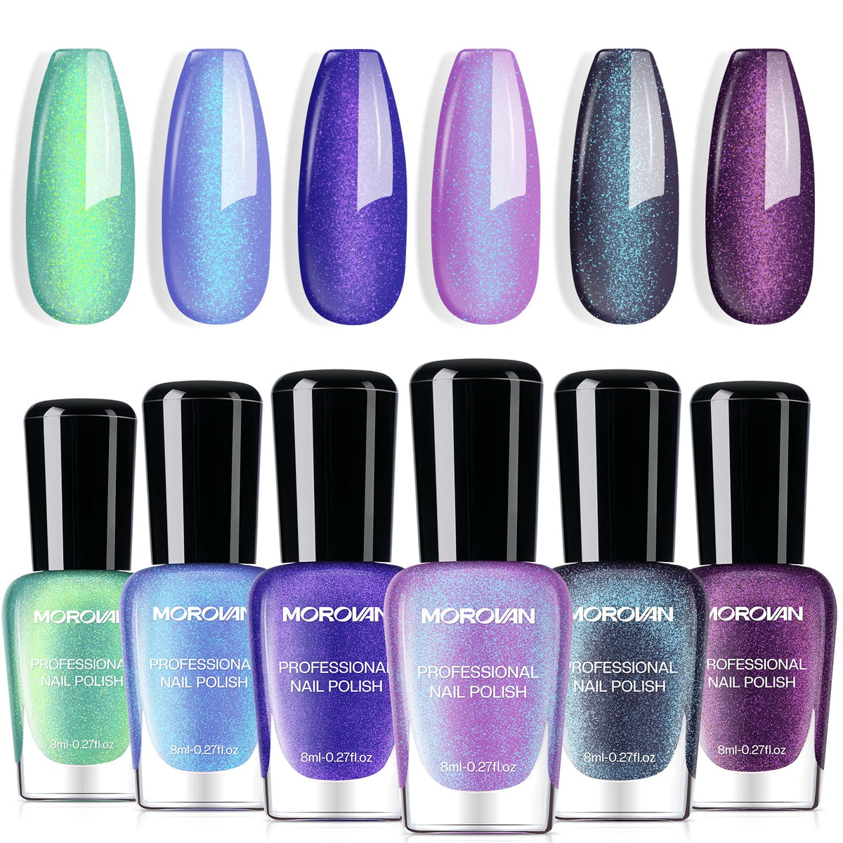 Morovan Chameleon Green Glitter nail polish bottle catching light for a vibrant finish.