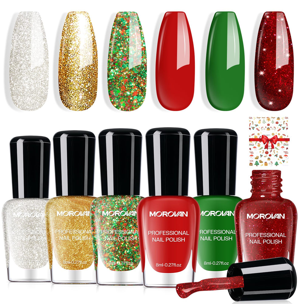 Morovan Christmas nail polish set bottles showcase six festive colors for long-lasting holiday manicures.