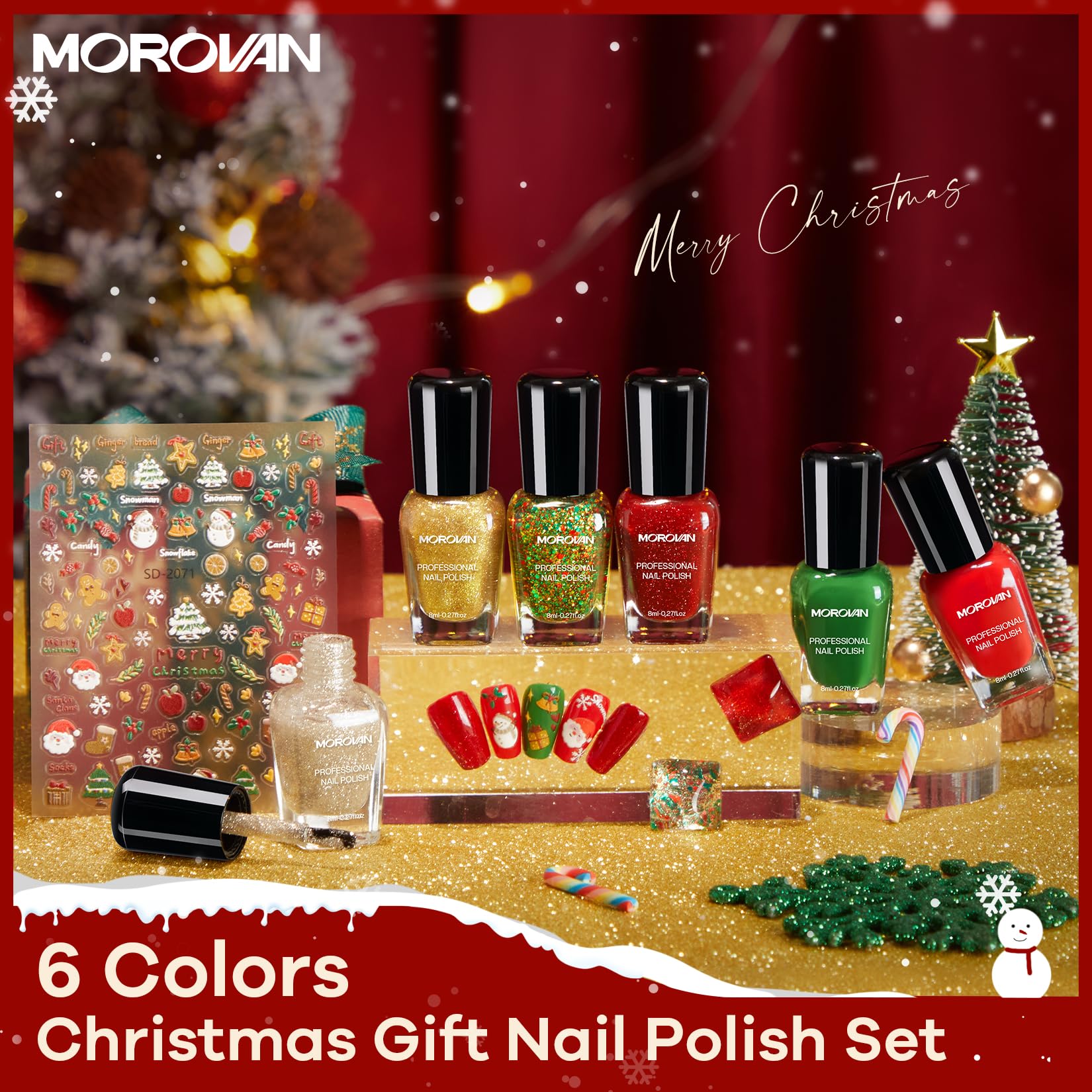 Morovan red nail polish bottle highlights bold festive color for classic holiday looks.