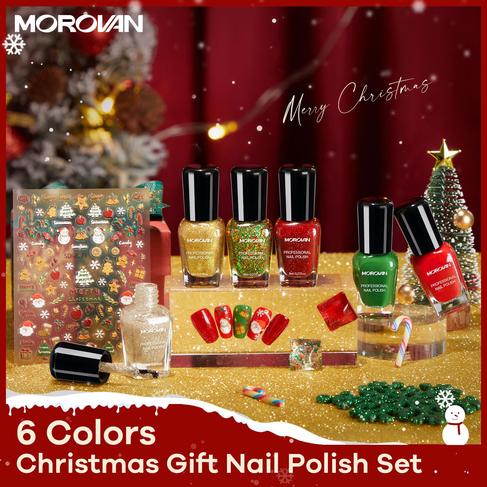 Morovan red nail polish bottle highlights bold festive color for classic holiday looks.