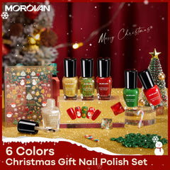 Morovan red nail polish bottle highlights bold festive color for classic holiday looks.