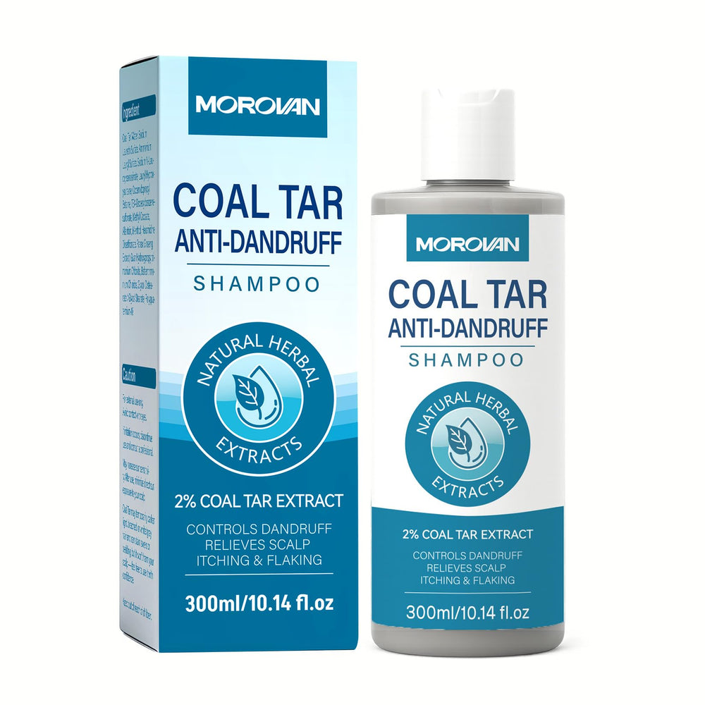 Morovan Coal Tar Shampoo bottle shown for dandruff control and scalp care.
