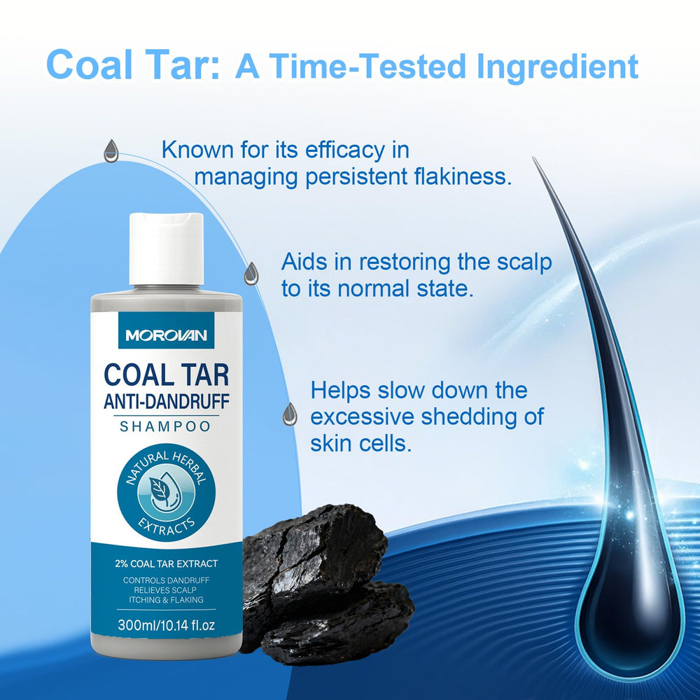 Morovan Coal Tar Shampoo label detail highlights 2% coal tar and key benefits.