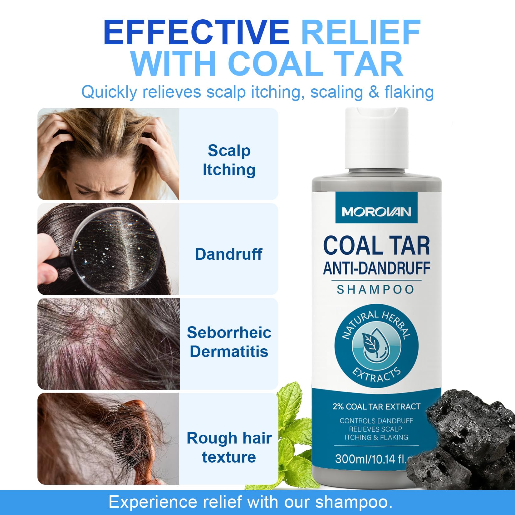 Morovan Coal Tar Shampoo pour demonstrates easy application and scalp care.