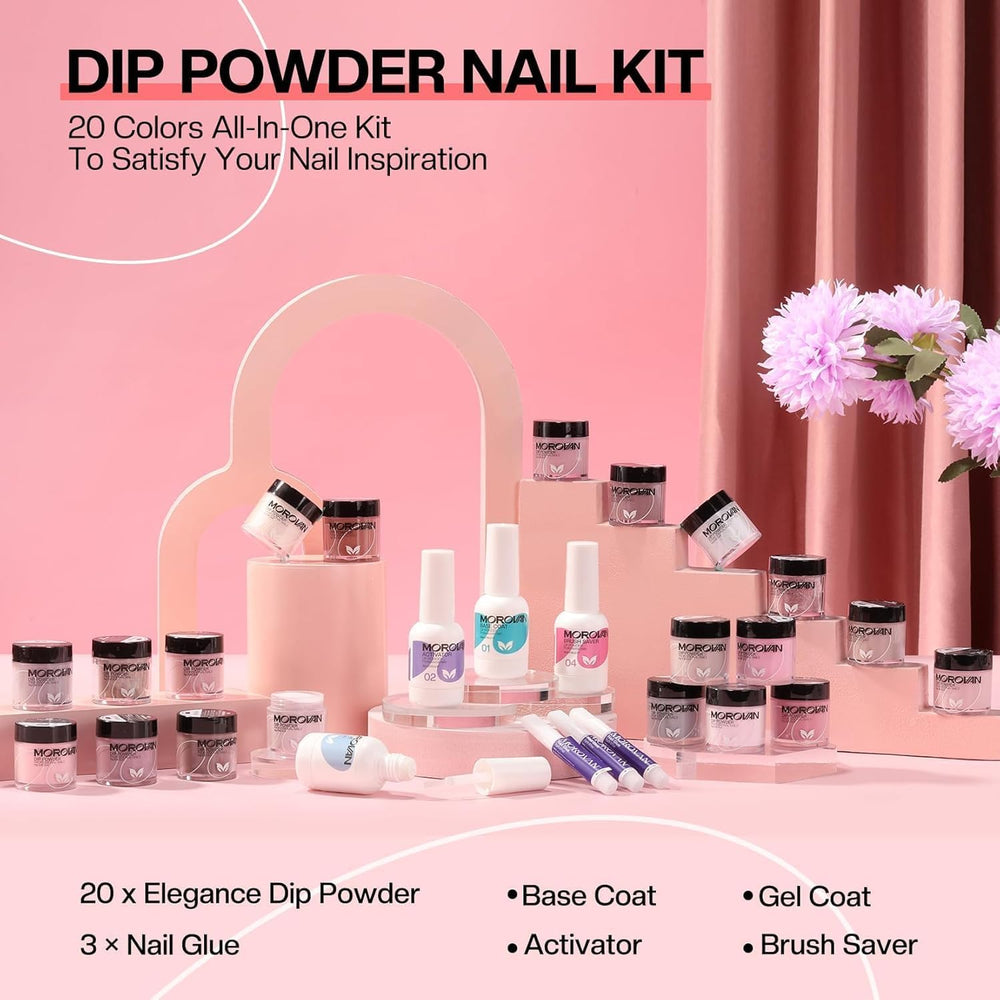 Close-up of Morovan dip powder nails with a long-lasting finish.