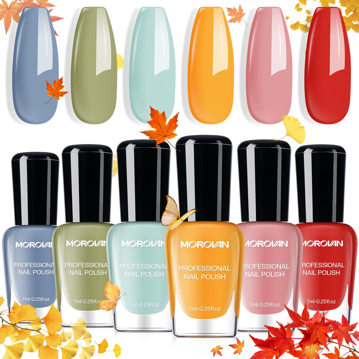 Morovan fall nail polish set packaging with six colors for effortless fall looks.