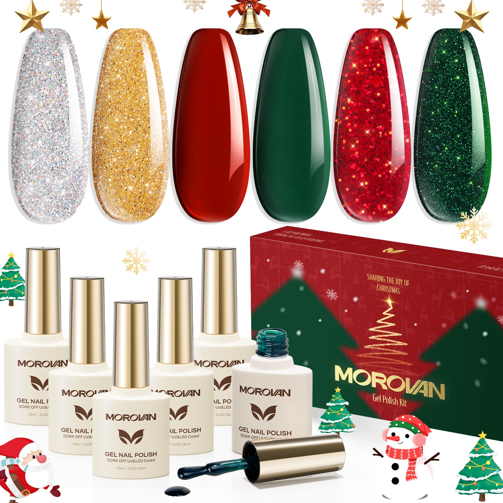 Morovan gel nail polish set red sparkle for festive nails and long-lasting shine
