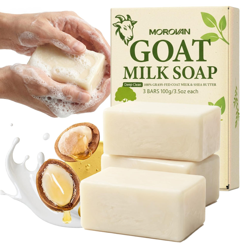 Morovan Goat Milk Soap bar packaging highlights eco-friendly materials and triple-pack value
