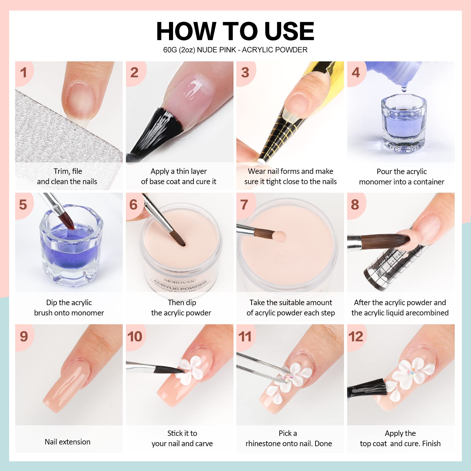Morovan nail-art-extension-ready powder supports 3D carving and tips design