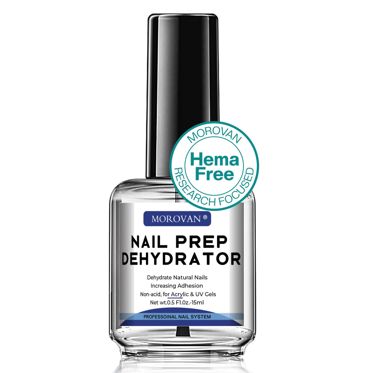 Morovan Nail Dehydrator bottle closeup showing acid-free formula for strong adhesion