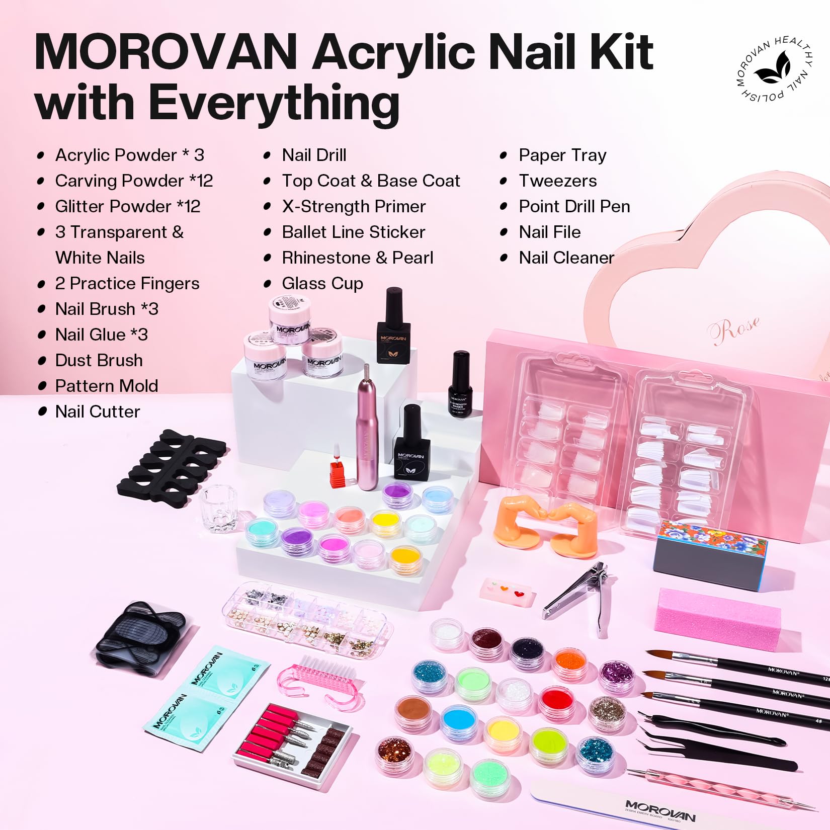 Morovan nail drill with six bits for quick, low-noise at-home use.