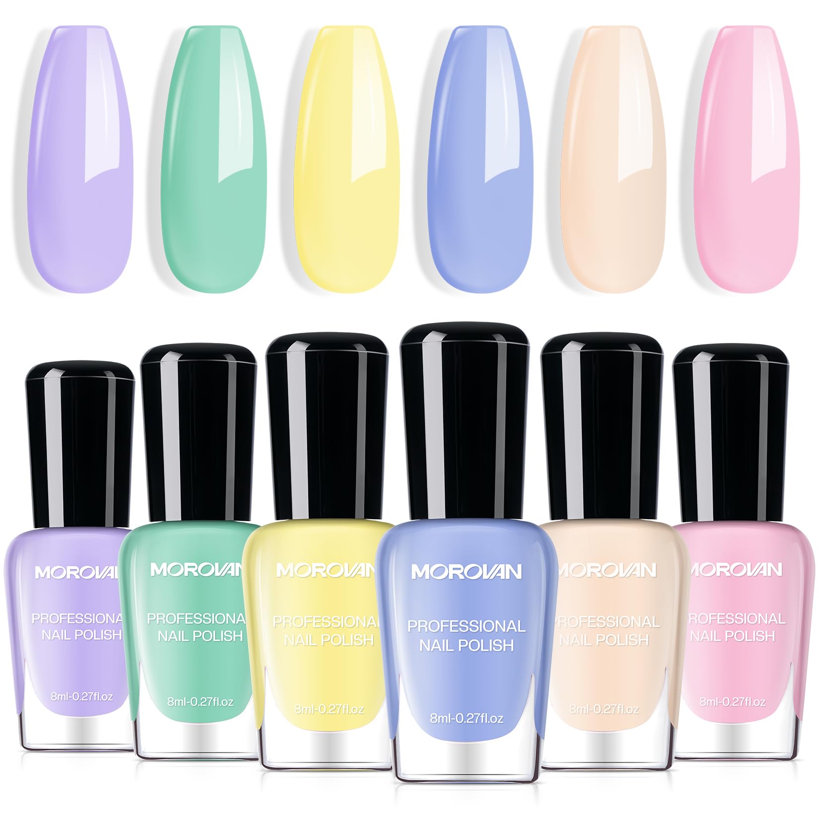 Morovan nail polish pastel macarons closeup shows vibrant spring colors for everyday nails.