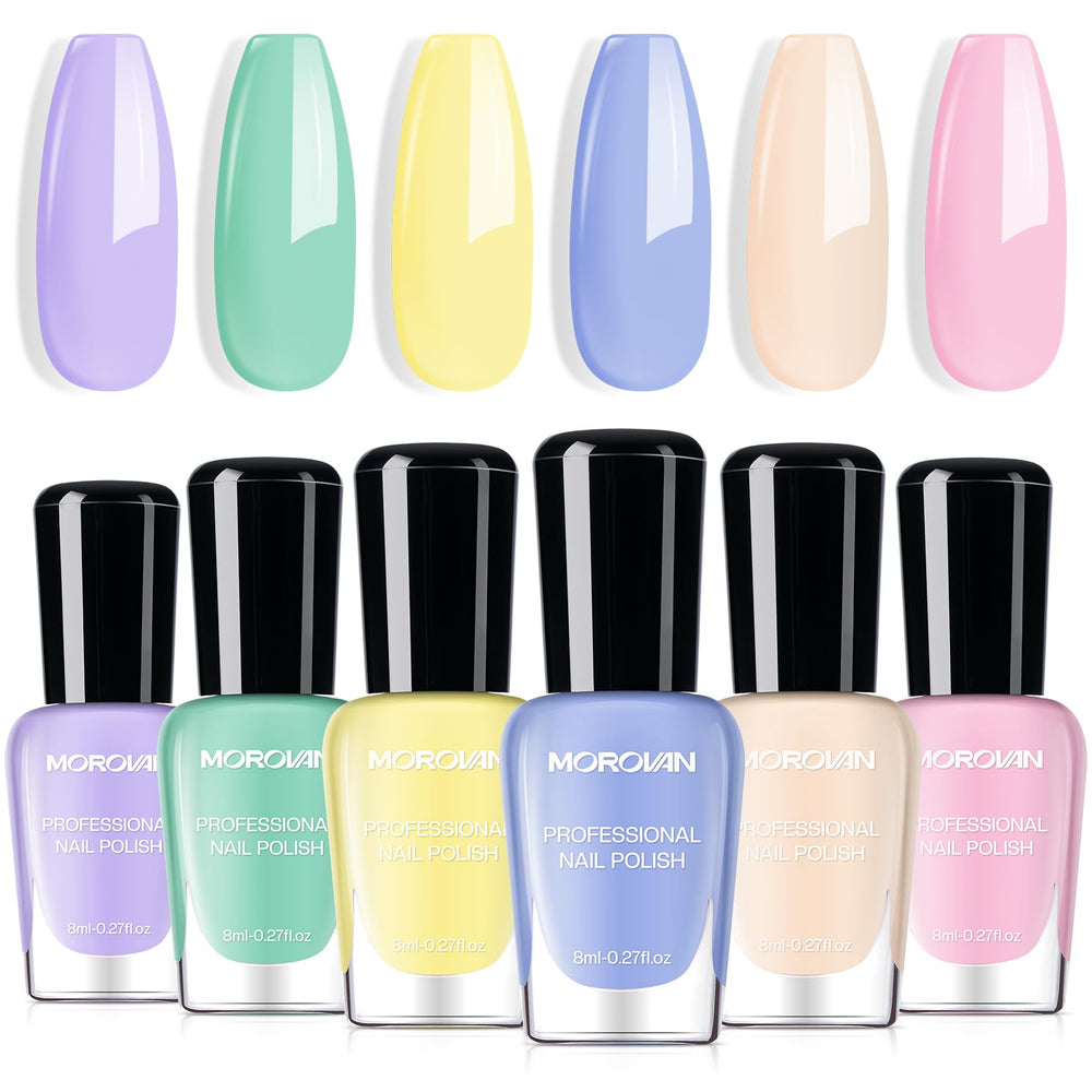 Morovan nail polish pastel macarons closeup shows vibrant spring colors for everyday nails.