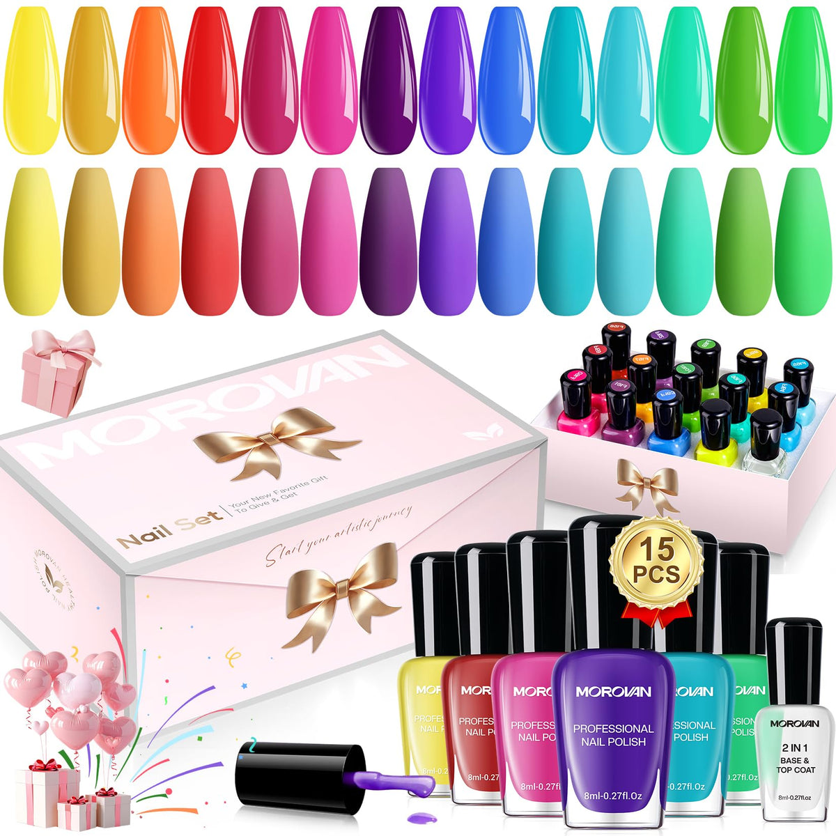 Morovan nail polish set with bright rainbow colors for bold, long-lasting manicures