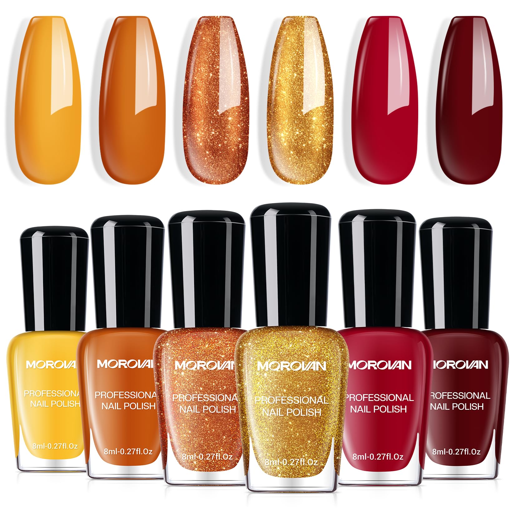 Morovan orange nail polish set with six autumn shades for quick-dry, salon-worthy finish.