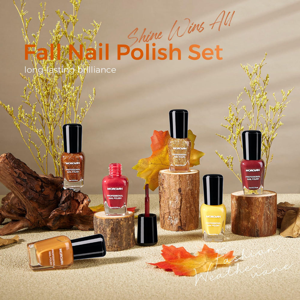 Morovan pumpkin-yellow nail polish offering warm color and long-lasting wear.