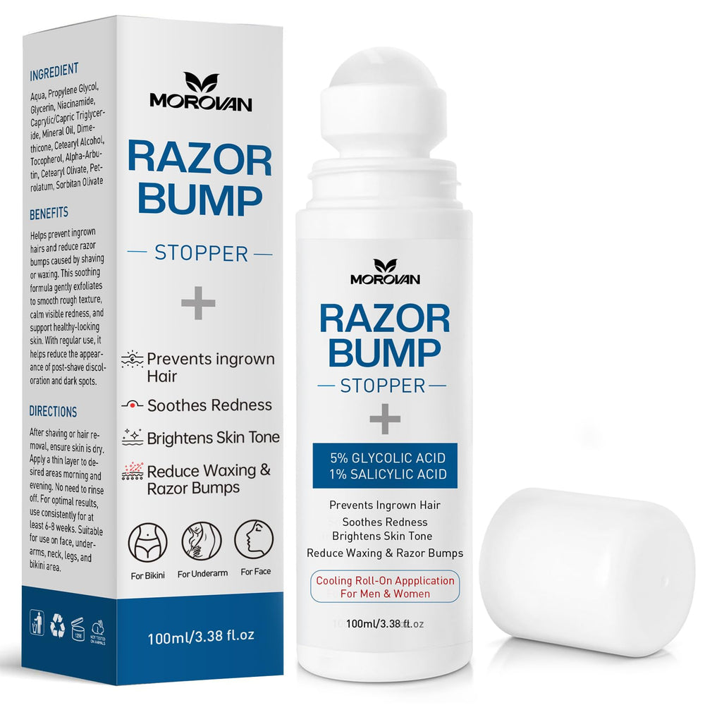 Morovan Razor Bumps Serum bottle shown for smooth skin after shaving.
