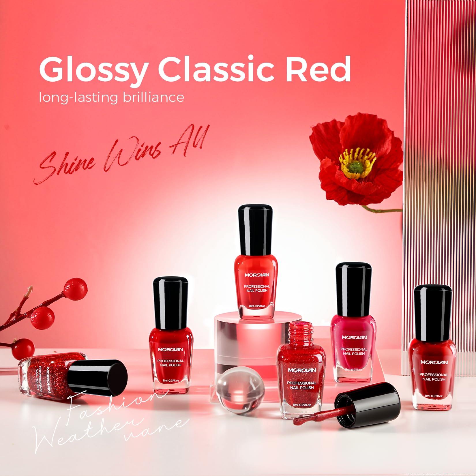 Morovan cherry-red glitter polish adds festive sparkle to nails.