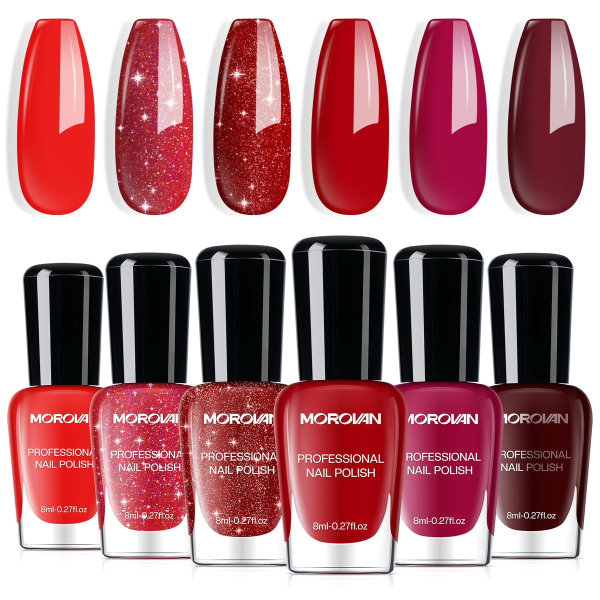 Morovan red nail polish set glitter-bright-burgundy bottle for elegant manicure.