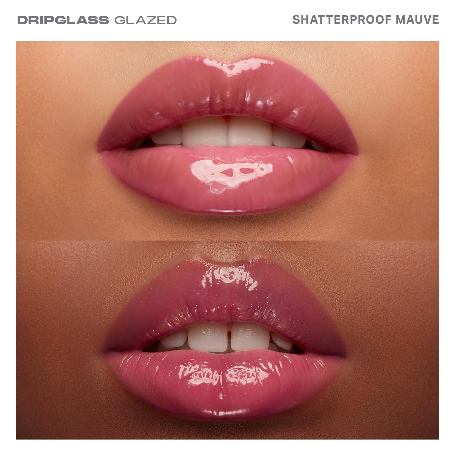 MORPHE Dripglass lip gloss on lips shows mauve gloss with glass-like glow.