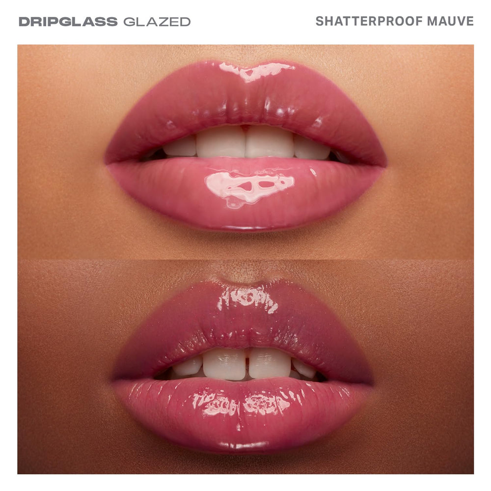 MORPHE Dripglass lip gloss on lips shows mauve gloss with glass-like glow.