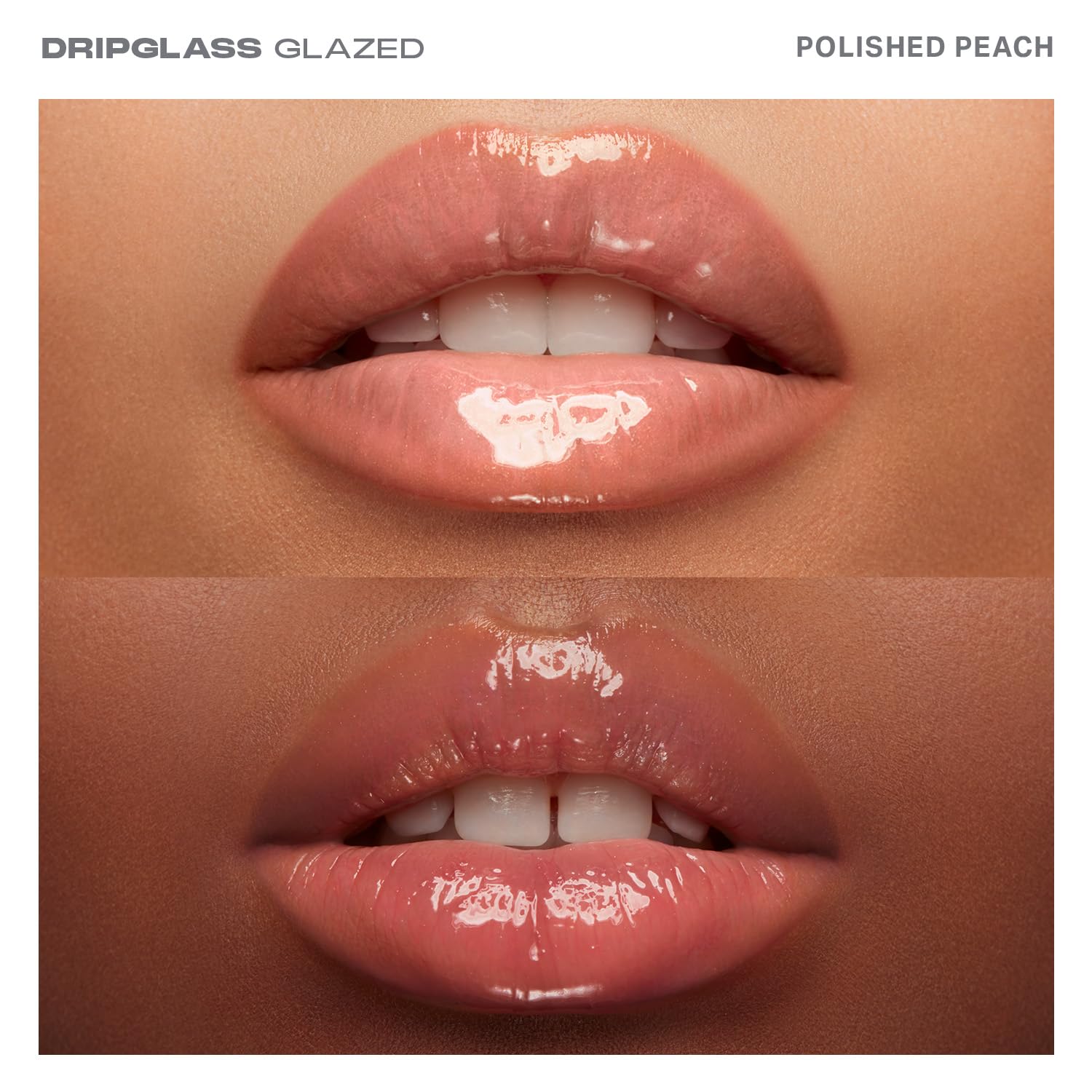 Swatches of MORPHE Dripglass Polished Peach displaying buildable color from sheer to bold