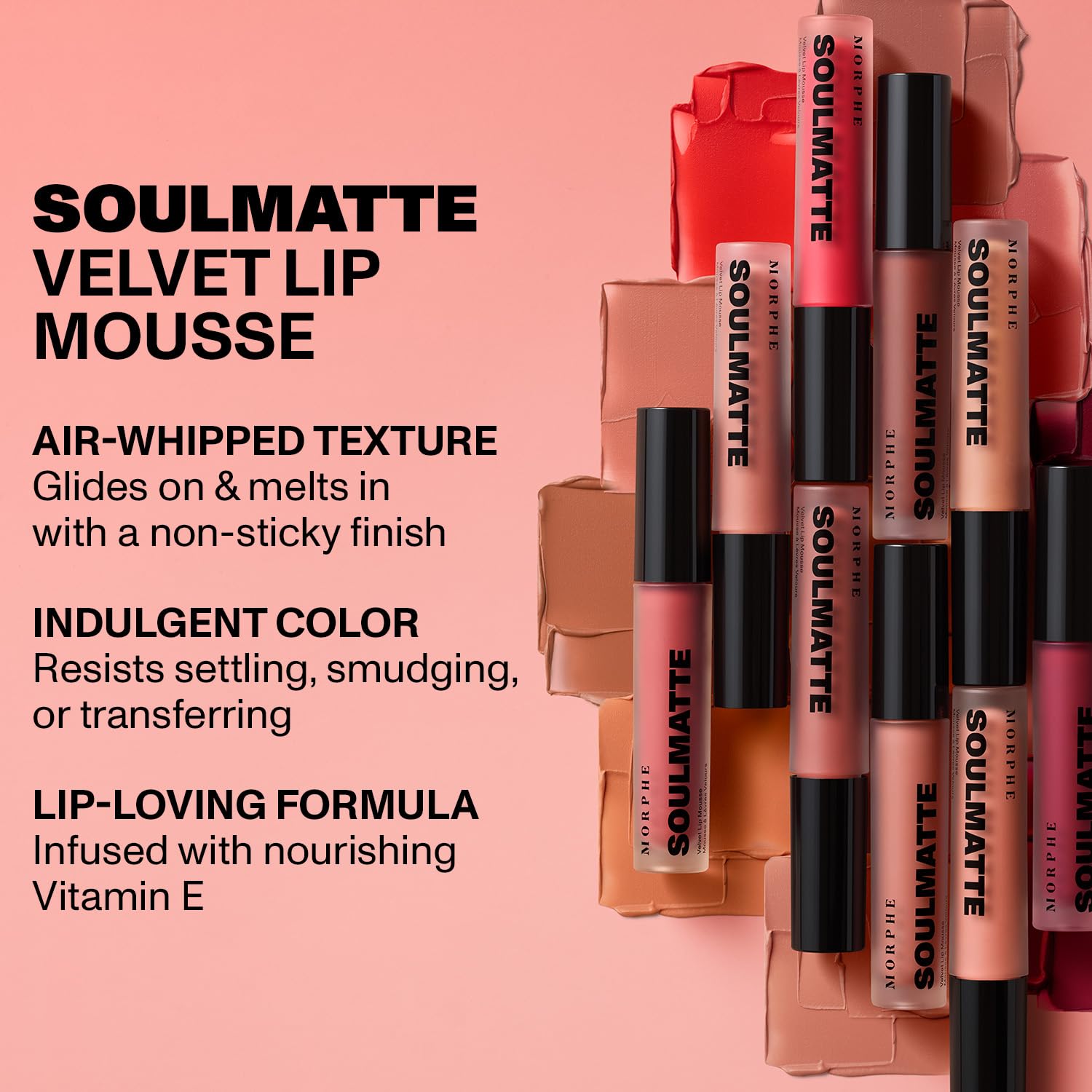 MORPHE Soulmatte velvet lip mousse packaging shot emphasizes air-whipped texture