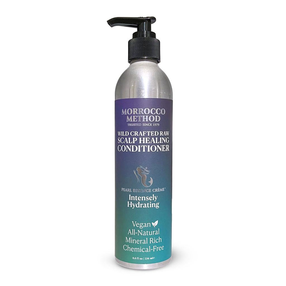 Morrocco Method Pearl Essence Creme Conditioner bottle shows mineral-rich hydration for hair care.