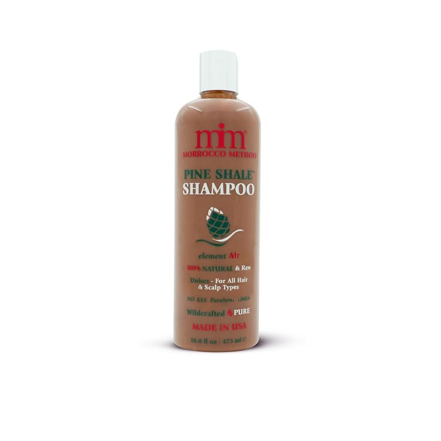 Morrocco Method Pine Shale Shampoo bottle, sulfate-free nourishment for scalp and hair.