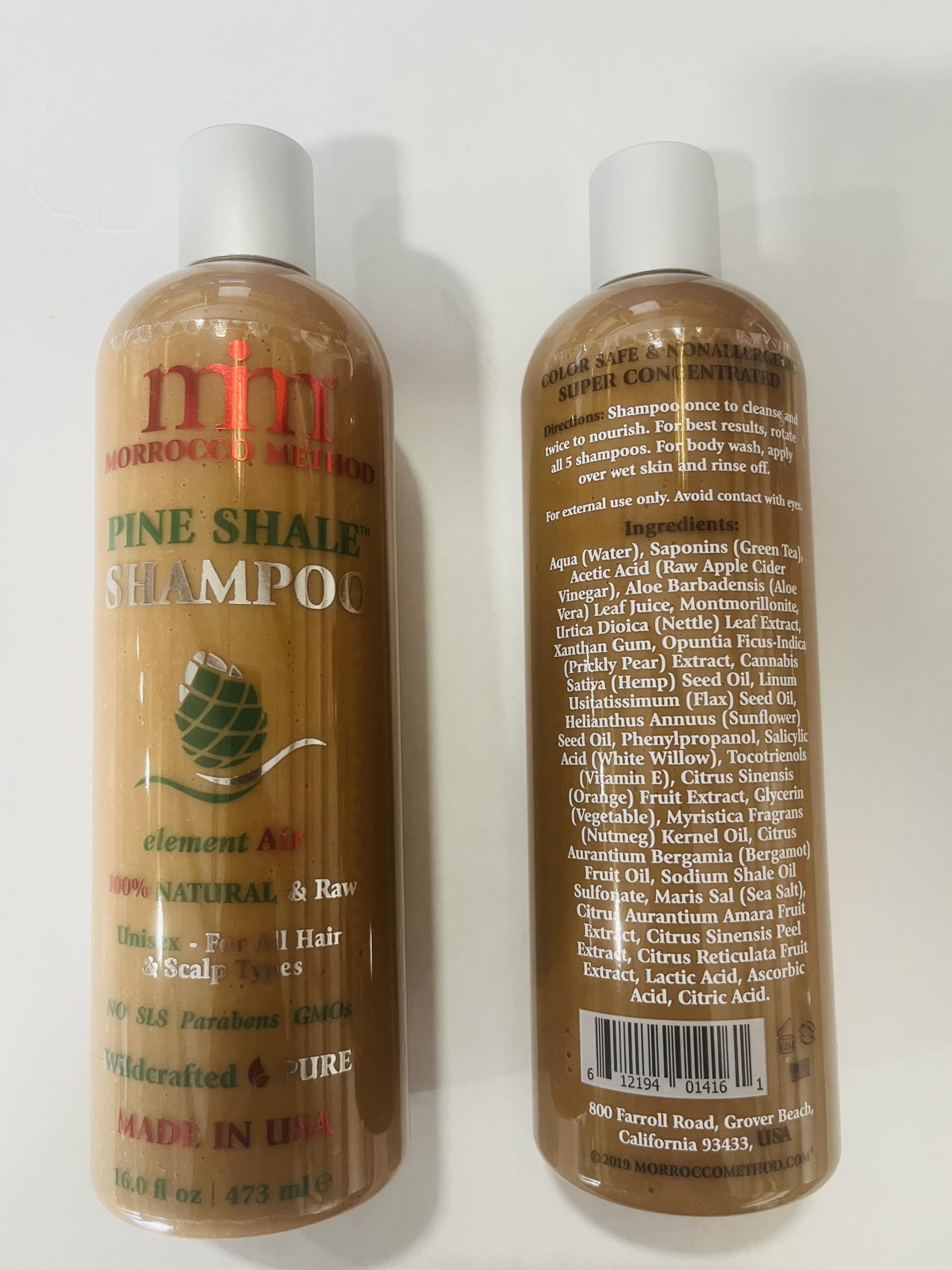 Morrocco Method Pine Shale Shampoo ingredients label, natural nourishment for dry hair.
