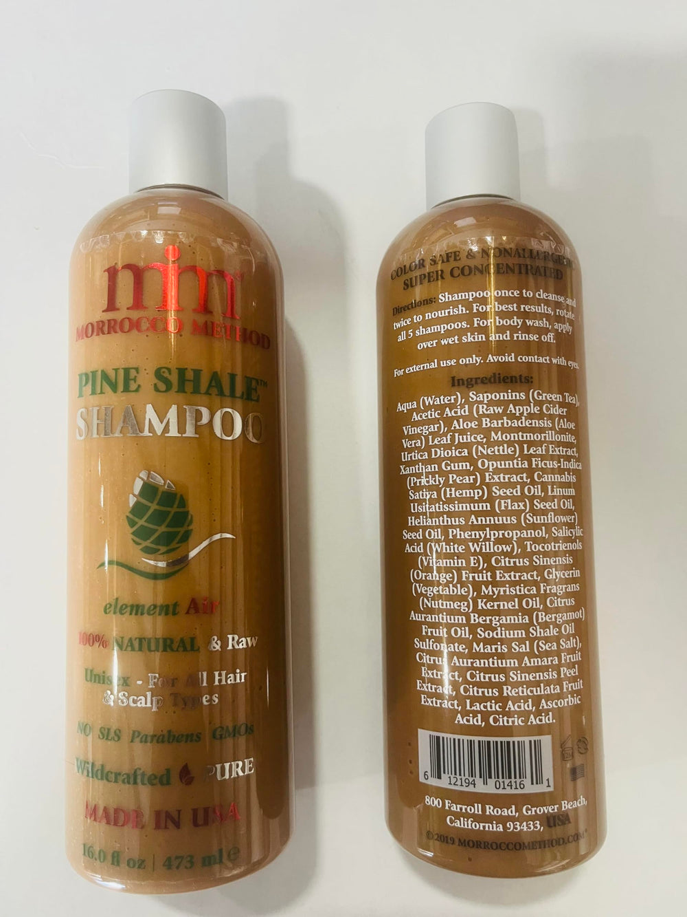 Morrocco Method Pine Shale Shampoo ingredients label, natural nourishment for dry hair.