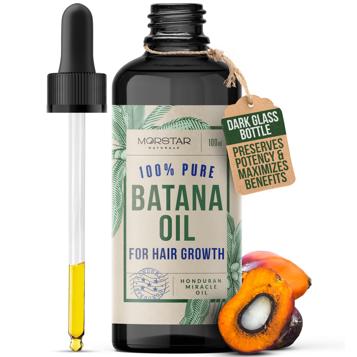 Morstar Batana Oil bottle close-up highlighting purity for healthier-looking hair.