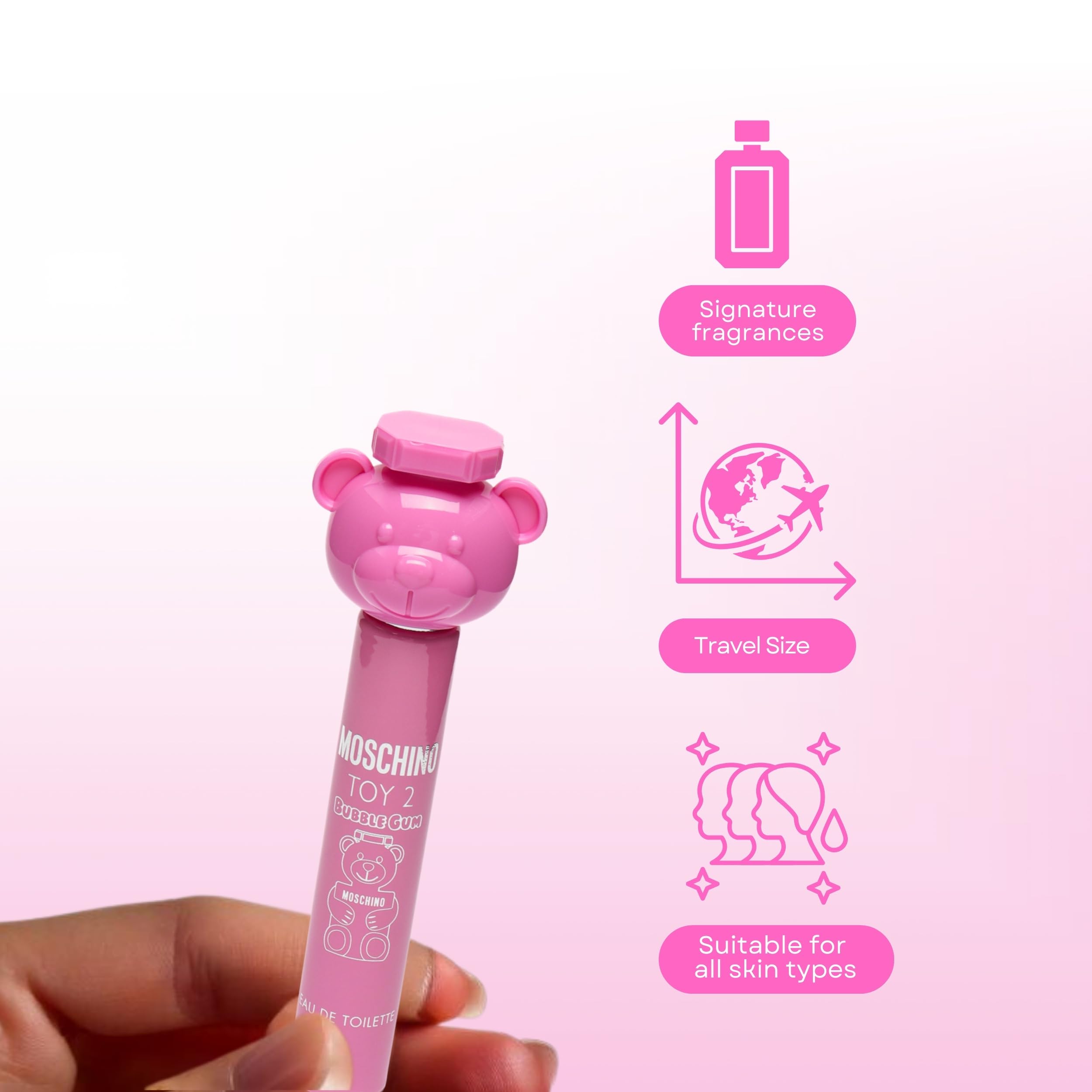 Moschino Toy 2 Bubble Gum travel-size perfume, ideal for weekends.